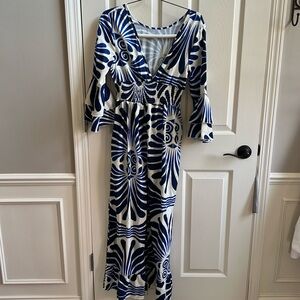 Royal blue and cream three-quarter sleeve jumpsuit Size L